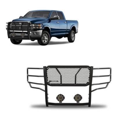 RUGGED Heavy Duty Grille Guard With Set of 7.0" Black Trim Rings LED Flood Lights-Black-Ram 2500/Ram 3500|Black Horse Off Road