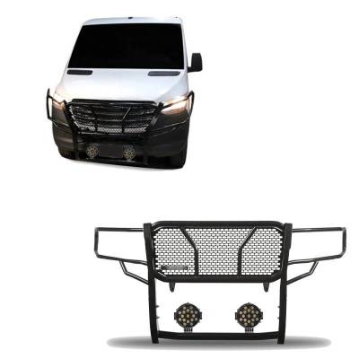 RUGGED Heavy Duty Grille Guard With Set of 7.0" Black Trim Rings LED Flood Lights-Black-Dodge,Mercedes and Freightliner Sprinter|Black Horse Off Road