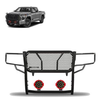 RUGGED Heavy Duty Grille Guard With Set of 7.0" Red Trim Rings LED Flood Lights-Black-2022-2024 Toyota Tundra|Black Horse Off Road