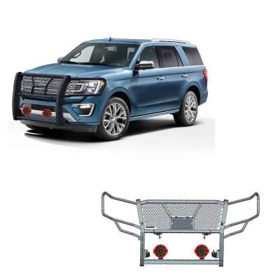 RUGGED Heavy Duty Grille Guard With Set of 7.0" Red Trim Rings LED Flood Lights-Black-2018-2024 Ford Expedition|Black Horse Off Road