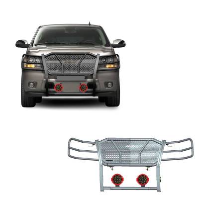 RUGGED Heavy Duty Grille Guard With Set of 7.0" Red Trim Rings LED Flood Lights-Black-Tahoe/Suburban 1500/Avalanche|Black Horse Off Road