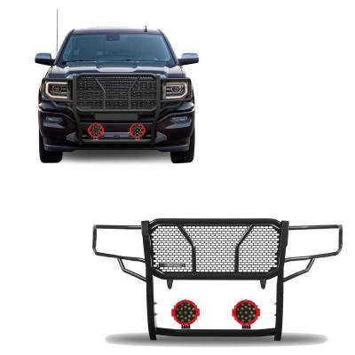 RUGGED Heavy Duty Grille Guard With Set of 7.0" Red Trim Rings LED Flood Lights-Black-Sierra 1500/Sierra 1500 Limited|Black Horse Off Road