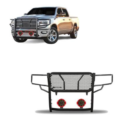 RUGGED Heavy Duty Grille Guard With Set of 7.0" Red Trim Rings LED Flood Lights-Black-2019-2024 Ram 1500|Black Horse Off Road