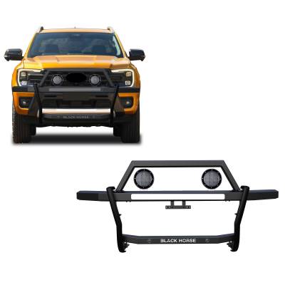 RAMBLER Grille Guard With Set of 5.3" Black Trim Rings LED Flood Lights-Black-2019-2024 Ford Ranger|Black Horse Off Road