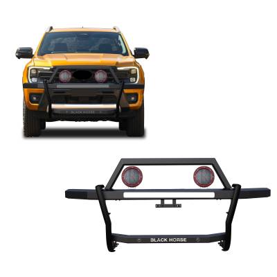 RAMBLER Grille Guard With Set of 5.3" Red Trim Rings LED Flood Lights-Black-2019-2024 Ford Ranger|Black Horse Off Road