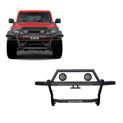 RAMBLER Grille Guard With Set of 5.3" Black Trim Rings LED Flood Lights and 30" LED Bar Single Row-Black-2021-2024 Ford Bronco|Black Horse Off Road