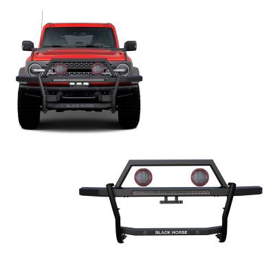 RAMBLER Grille Guard With Set of 5.3" Red Trim Rings LED Flood Lights and 30" LED Bar Single Row-Black-2021-2024 Ford Bronco|Black Horse Off Road