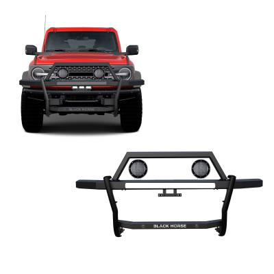 RAMBLER Grille Guard With Set of 5.3" Black Trim Rings LED Flood Lights-Black-2021-2024 Ford Bronco|Black Horse Off Road