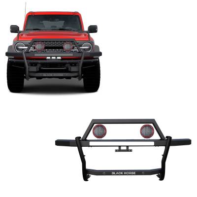 RAMBLER Grille Guard With Set of 5.3" Red Trim Rings LED Flood Lights-Black-2021-2024 Ford Bronco|Black Horse Off Road