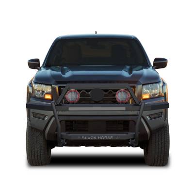 RAMBLER Grille Guard With Set of 5.3" Red Trim Rings LED Flood Lights-Black-2022-2024 Nissan Frontier|Black Horse Off Road