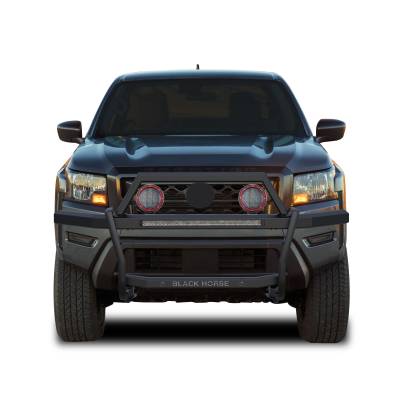 RAMBLER Grille Guard With Set of 5.3" Red Trim Rings LED Flood Lights and 30" LED Bar Single Row-Black-2022-2024 Nissan Frontier|Black Horse Off Road