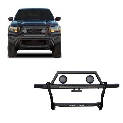 RAMBLER Grille Guard With Set of 5.3" Black Trim Rings LED Flood Lights and 30" LED Bar Single Row-Black-2022-2024 Nissan Frontier|Black Horse Off Road