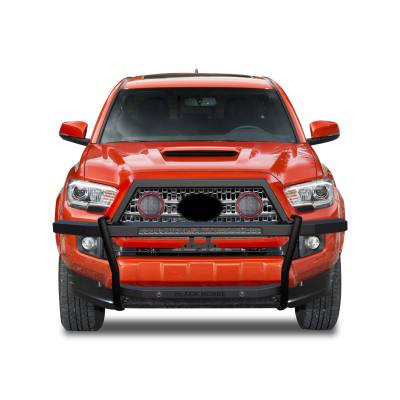 RAMBLER Grille Guard With Set of 5.3" Red Trim Rings LED Flood Lights and 30" LED Bar Single Row-Black-2005-2023 Toyota Tacoma|Black Horse Off Road