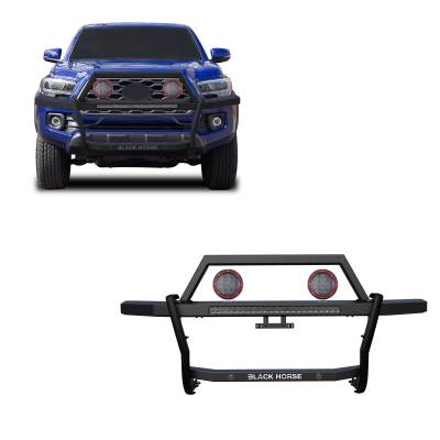 RAMBLER Grille Guard With Set of 5.3" Red Trim Rings LED Flood Lights and 30'' LED Bar Single Row-Black-2010-2024 Toyota 4Runner|Black Horse Off Road