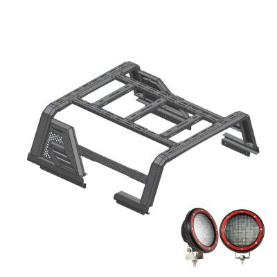 ARMOUR II Roll Bar W/ ARMOUR II Overland- 2 Sets of 5.3 Red Trim Rings LED Flood Lights-2015-2024 F-150 and Ram 1500/2007-2024 Tundra/14-24 Sierra 1500/14-22 Silverado 1500|Black Horse Off Road