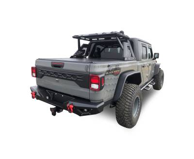 Black Horse Off Road - ARMOUR II Roll Bar Ladder Rack W/Basket With 2 Set of 5.3".Black Trim Rings LED Flood Lights-Black-2019-2024 Jeep Gladiator|Black Horse Off Road - Image 12