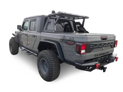 Black Horse Off Road - ARMOUR II Roll Bar Ladder Rack W/Basket With 2 Set of 5.3".Black Trim Rings LED Flood Lights-Black-2019-2024 Jeep Gladiator|Black Horse Off Road - Image 14