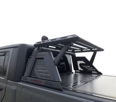 Black Horse Off Road - ARMOUR II Roll Bar Ladder Rack W/Basket With 2 Set of 5.3".Black Trim Rings LED Flood Lights-Black-2019-2024 Jeep Gladiator|Black Horse Off Road - Image 15