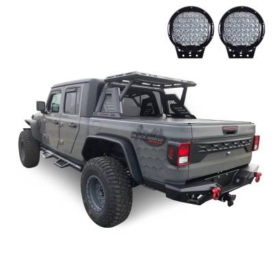 Black Horse Off Road - ARMOUR II Roll Bar Ladder Rack W/Basket With Set of 9" Black Round LED Light-Black-2019-2024 Jeep Gladiator|Black Horse Off Road - Image 13