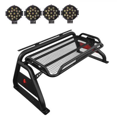 ATLAS Roll Bar Ladder Rack With 2 pairs of 7.0" Black Trim Rings LED Flood Lights-Black-F-250 Super Duty/F-350 Super Duty/F-450 Super Duty|Black Horse Off Road