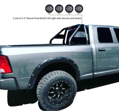 Black Horse Off Road - CLASSIC Roll Bar With 2 Set of 5.3".Black Trim Rings LED Flood Lights-Black-Dodge/Ram 2500/3500, Chevrolet/GMC Silverado/Sierra 1500/2500 HD/3500/3500 HD, Ford F-150, Toyota Tundra, Nissan Titan|Black Horse Off Road - Image 4