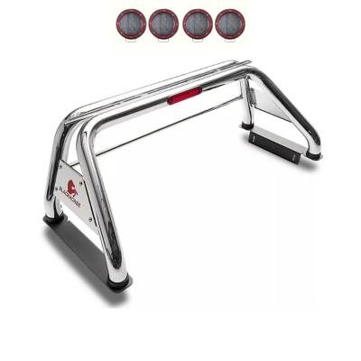 CLASSIC Roll Bar With 2 Sets of 5.3" Red Trim Rings LED Flood Lights-Stainless Steel-Dodge/Ram 2500/3500, Chevrolet/GMC Silverado/Sierra 1500/2500 HD/3500/3500 HD, Ford F-150, Toyota Tundra, Nissan Titan|Black Horse Off Road