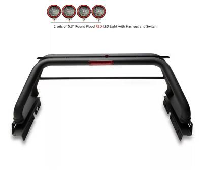 Black Horse Off Road - CLASSIC Roll Bar With 2 Sets of 5.3" Red Trim Rings LED Flood Lights-Black-2005-2024 Toyota Tacoma|Black Horse Off Road - Image 4