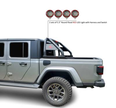 Black Horse Off Road - CLASSIC Roll Bar With 2 Sets of 5.3" Red Trim Rings LED Flood Lights-Black-2020-2024 Jeep Gladiator|Black Horse Off Road - Image 4