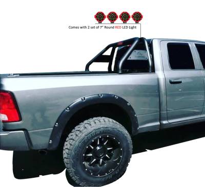 Black Horse Off Road - CLASSIC Roll Bar With 2 pairs of 7.0" Red Trim Rings LED Flood Lights-Black-Ram 1500/1500|Black Horse Off Road - Image 5