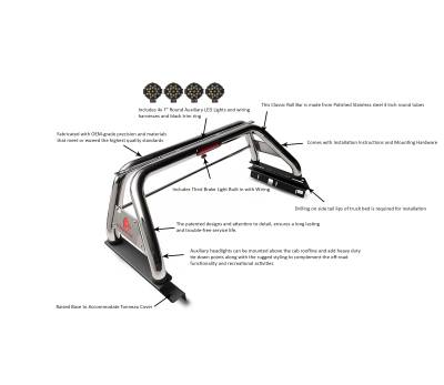 Black Horse Off Road - CLASSIC Roll Bar With 2 pairs of 7.0" Black Trim Rings LED Flood Lights-Stainless Steel-2005-2021 Nissan Frontier|Black Horse Off Road - Image 4