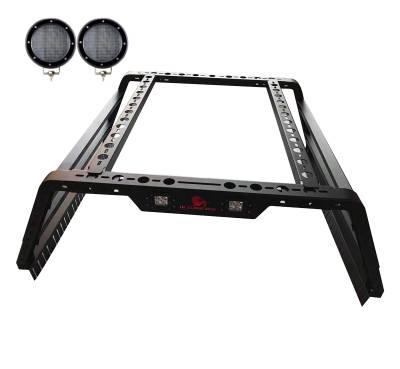 TRAVELER OVERLAND UTILITY Bed Rack With 2 Set of 5.3".Black Trim Rings LED Flood Lights-Black-Midsize- Half Ton- Three Quarter Ton Trucks-800 Lbs Capacity|Black Horse Off Road