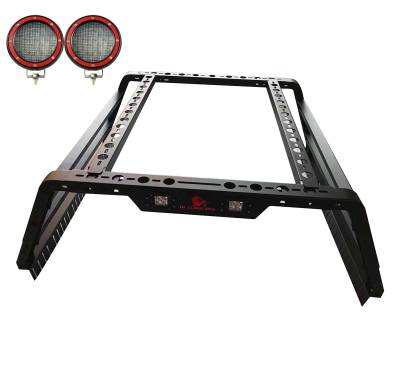 TRAVELER OVERLAND UTILITY Bed Rack With 2 Set of 5.3".Red Trim Rings LED Flood Lights-Black-Midsize- Half Ton- Three Quarter Ton Trucks-800 Lbs Capacity|Black Horse Off Road