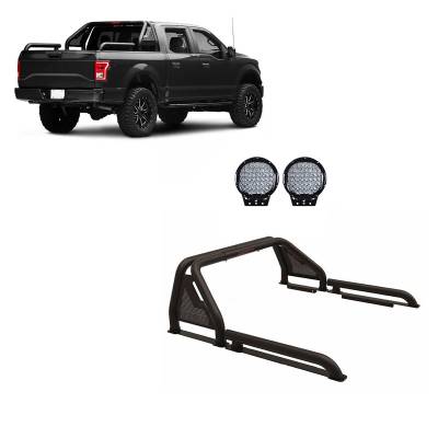 GLADIATOR Roll Bar Ladder Rack With Set of 9" Black Round LED Light-Black-Nissan Titan/Titan XD, Chevrolet/GMC Silverado/Sierra 1500/2500 HD/3500/3500 HD, Ford F-150, Toyota Tundra|Black Horse Off Road