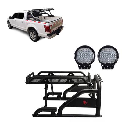 WARRIOR Roll Bar With Set of 9" Black Round LED Light-Black-Silverado/Sierra 14+,Ford F-150 15+,Dodge Ram 15+|Black Horse Off Road