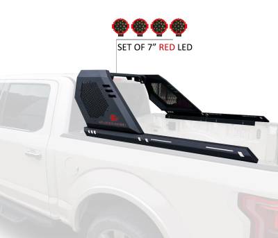 Black Horse Off Road - VIGOR Roll Bar With 2 pairs of 7.0" Red Trim Rings LED Flood Lights-Black-Silverado 1500/Sierra 1500/Ram 1500/F-150/Tundra|Black Horse Off Road - Image 2