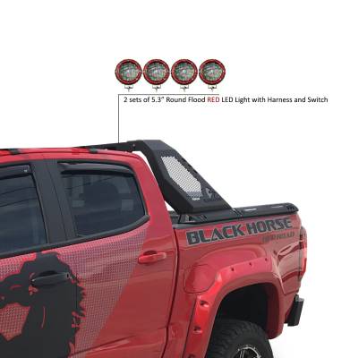 Black Horse Off Road - VIGOR Roll Bar With 2 Sets of 5.3" Red Trim Rings LED Flood Lights-Black-Colorado/Canyon|Black Horse Off Road - Image 7