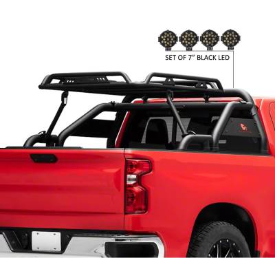 Black Horse Off Road - WARRIOR Roll Bar With 2 pairs of 7.0" Black Trim Rings LED Flood Lights-Black-Silverado/Sierra 14+,Ford F-150 15+,Dodge Ram 15+|Black Horse Off Road - Image 7