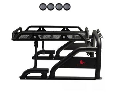 WARRIOR Roll Bar With 2 Set of 5.3".Black Trim Rings LED Flood Lights-Black-Silverado/Sierra 14+,Ford F-150 15+,Dodge Ram 15+|Black Horse Off Road