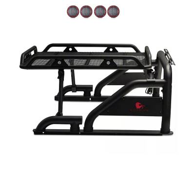 WARRIOR Roll Bar With 2 Sets of 5.3" Red Trim Rings LED Flood Lights-Black-Silverado/Sierra 14+,Ford F-150 15+,Dodge Ram 15+|Black Horse Off Road