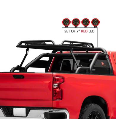 Black Horse Off Road - WARRIOR Roll Bar With 2 pairs of 7.0" Red Trim Rings LED Flood Lights-Black-Silverado/Sierra 14+,Ford F-150 15+,Dodge Ram 15+|Black Horse Off Road - Image 15