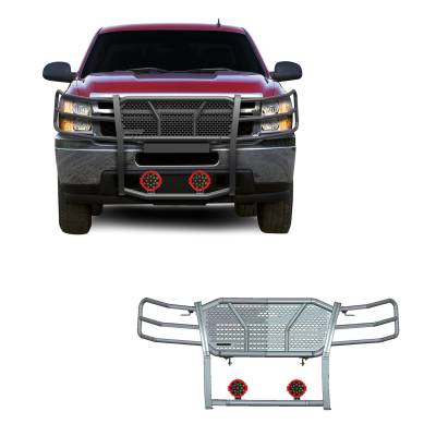 RUGGED Heavy Duty Grille Guard With Set of 7.0" Red Trim Rings LED Flood Lights-Black-2007-2013 Chevrolet Silverado 1500|Black Horse Off Road