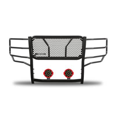 RUGGED Heavy Duty Grille Guard With Set of 7.0" Red Trim Rings LED Flood Lights-Black-Silverado 1500 LD/Silverado 1500|Black Horse Off Road