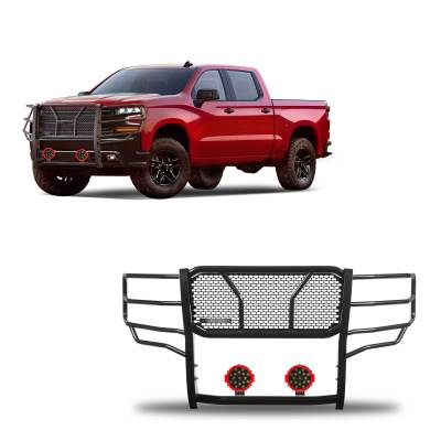 RUGGED Heavy Duty Grille Guard With Set of 7.0" Red Trim Rings LED Flood Lights-Black-2019-2024 Chevrolet Silverado 1500|Black Horse Off Road