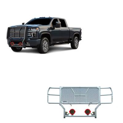 RUGGED Heavy Duty Grille Guard With Set of 7.0" Red Trim Rings LED Flood Lights-Black-Silverado 3500 HD/Silverado 2500 HD|Black Horse Off Road