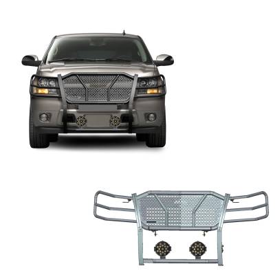 RUGGED Heavy Duty Grille Guard With Set of 7.0" Black Trim Rings LED Flood Lights-Black-Tahoe/Suburban 1500/Avalanche|Black Horse Off Road