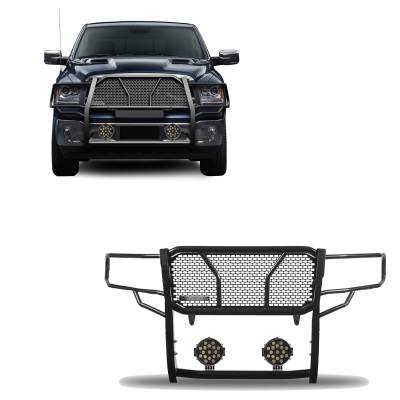 RUGGED Heavy Duty Grille Guard With Set of 7.0" Black Trim Rings LED Flood Lights-Black-1500 Classic/1500/Ram 1500|Black Horse Off Road