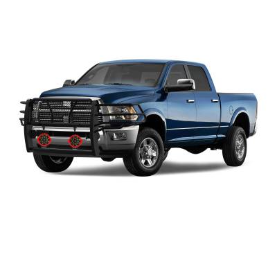 Black Horse Off Road - RUGGED Heavy Duty Grille Guard With Set of 7.0" Red Trim Rings LED Flood Lights-Black-Ram 2500/Ram 3500|Black Horse Off Road - Image 2