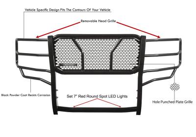 Black Horse Off Road - RUGGED Heavy Duty Grille Guard With Set of 7.0" Red Trim Rings LED Flood Lights-Black-Ram 2500/Ram 3500|Black Horse Off Road - Image 5
