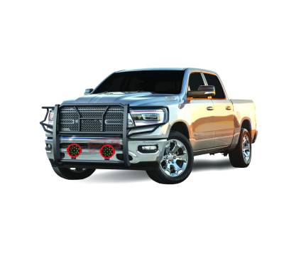 Black Horse Off Road - RUGGED Heavy Duty Grille Guard With Set of 7.0" Red Trim Rings LED Flood Lights-Black-2019-2025 Ram 1500|Black Horse Off Road - Image 2