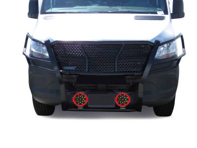 Black Horse Off Road - RUGGED Heavy Duty Grille Guard With Set of 7.0" Red Trim Rings LED Flood Lights-Black-2019-2025 Dodge Sprinter 1500-2500-3500/2019-2025-Benz Sprinter 1500-2500-3500|Black Horse Off Road - Image 2
